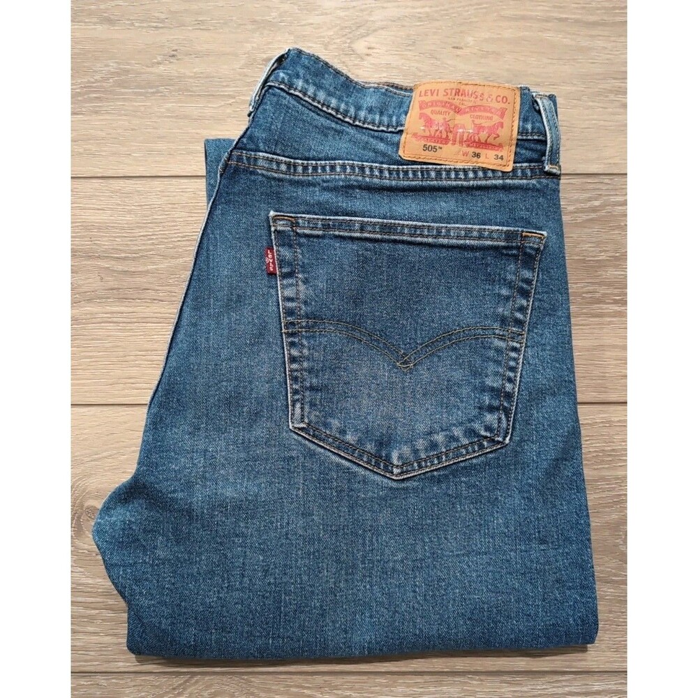 LEVI'S 505 Jeans Men's 36x34(36x32) Straight Stretch Medium Wash Blue Denim EUC